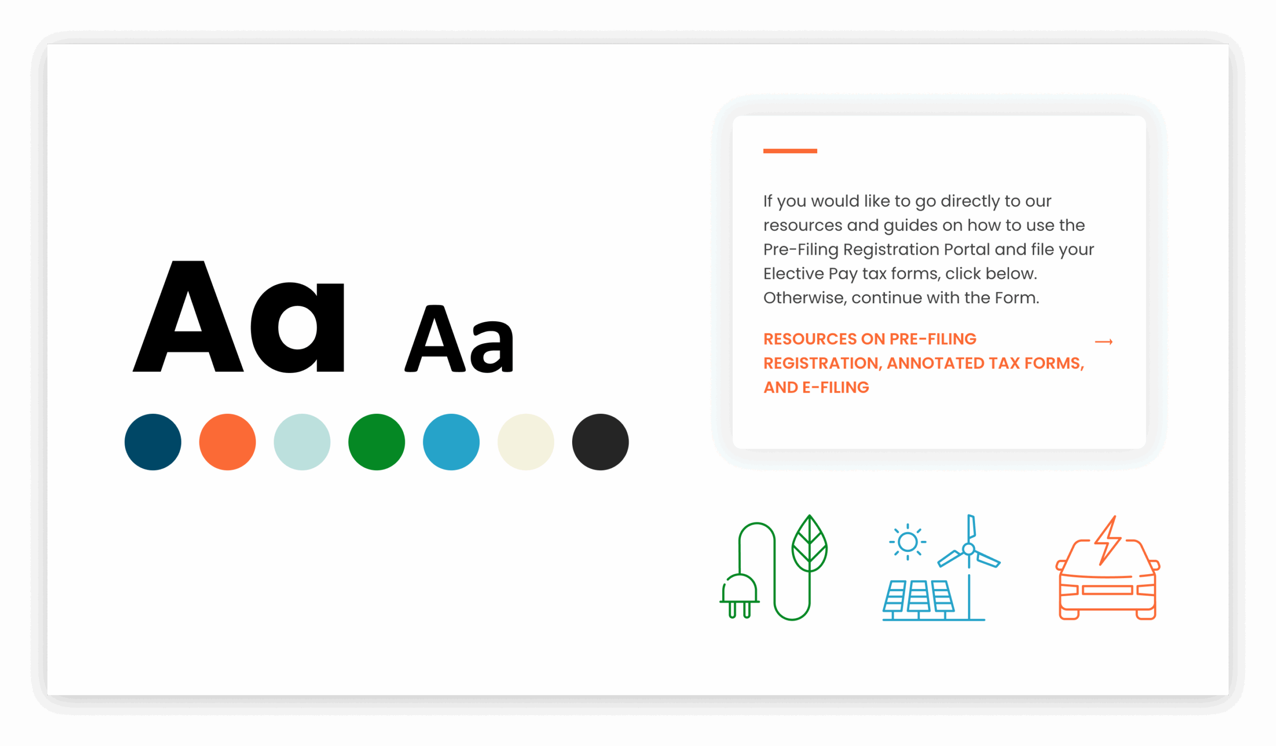 Font elements, circles with brand colors, icons, UI card